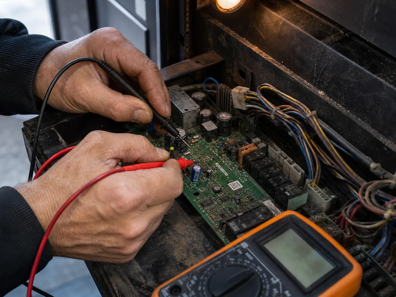 Messung mit Prüfspitzen an der Steuerplatine eines Verkaufsautomaten